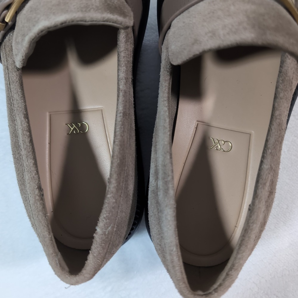 Charles & Keith Loafers Women Taupe Suede Gold Buckle Lug Sole Chunky Platform - Picture 9 of 13